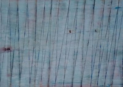 "reise in das ungewisse: freiheit oder falle?" kreide, sisal, acryl, nägel auf leinwand,50x100