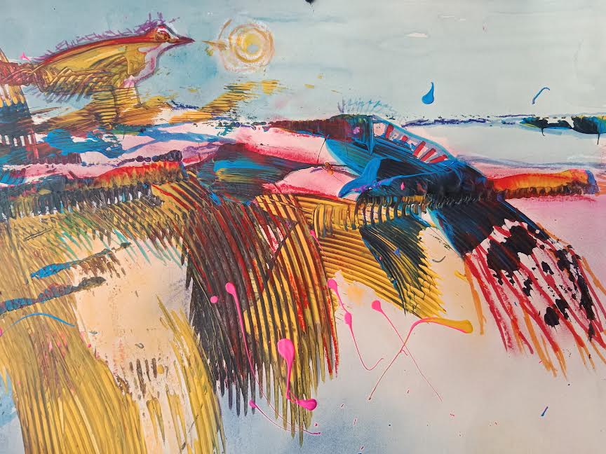 "im paradies" kreide,acryl,aquarell auf pappe 30x25