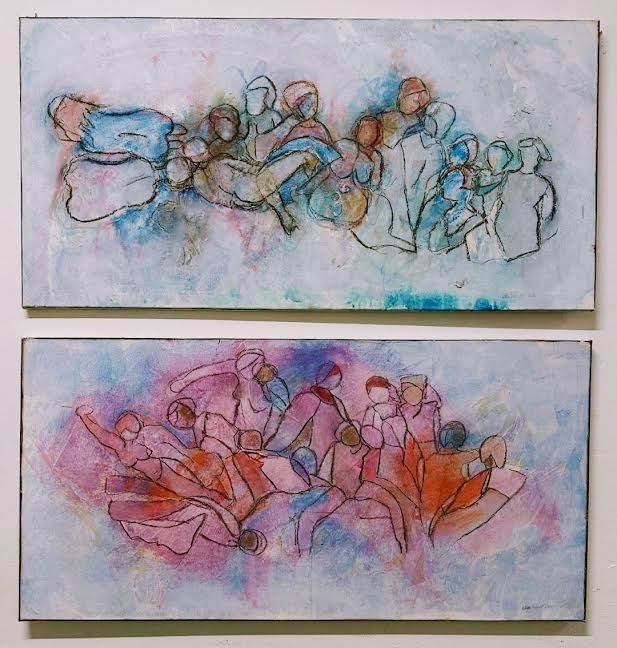 zusammenzusammenstellung/stellungnahme 100x50 acryl,kreide auf leinwandstellung/stellungnahme